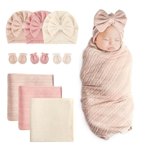 BQUBO Newborn Receiving Blanket Hat Mittens Set for Baby Unisex Baby Boys Girls Essentials Newborn Registry Must Haves Stroller Crib Shower Gifts