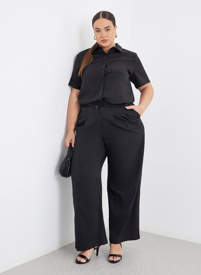 Styli Plus Size Black Solid Shirt and Wide Leg Pants Co-Ords
