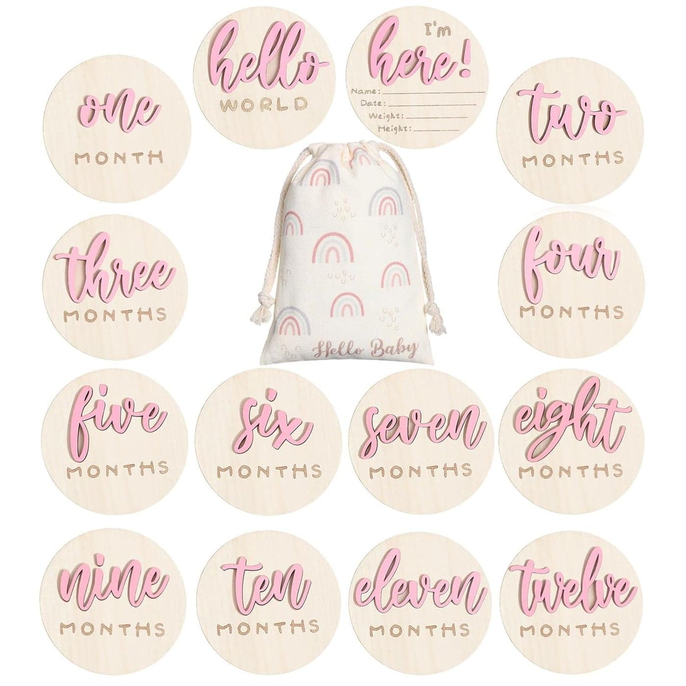 3D Baby Monthly Milestone Card Signs Baby Announcement Sign 7 Pack Double Sided Hello World Newborn Signs Wooden Circles Discs for Welcome Newborn Shower Boy Girl Photo PropsPink