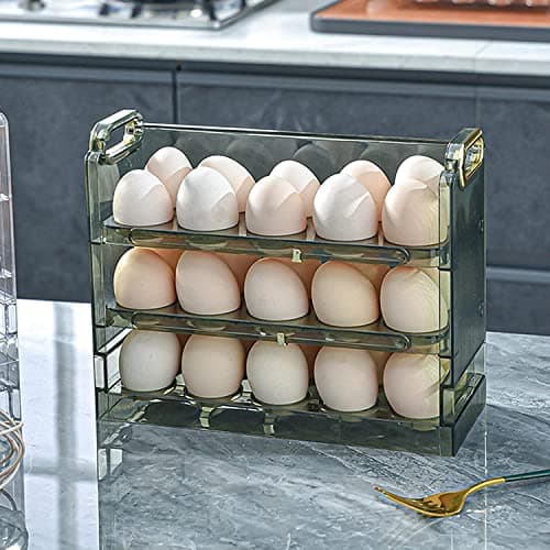 HomeCloud Acrylic Egg Holder For Refrigerator Door,Egg Storage Box Creative Flip Box,3-Layer Flip Fridge Egg Tray Container,Reusable Versatile Clear Tray 30 Grid (Green) Rectangular
