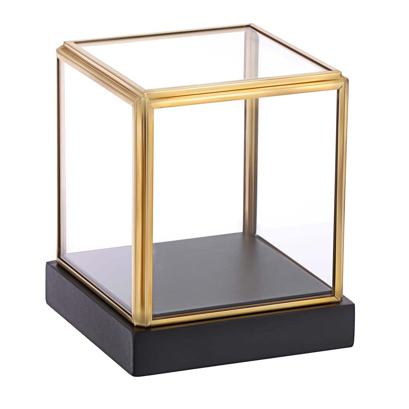 Hipiwe Glass Display Case for Collectibles Vintage Gold Display Box with Black Wood Base for Plants Action Figurine Models Clear Keepsake Box Square 33x33x36 Inch