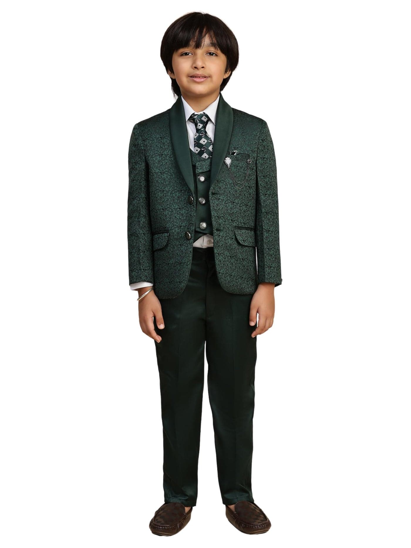 Pro-Ethic Style Developer 5 Piece Boys Suit Set Pary Wear for Kids Wedding Outfit | Set of Shirt, Pants, Coat, Waistcoat and Tie for Kids, DarkGreen, 2-3 Years