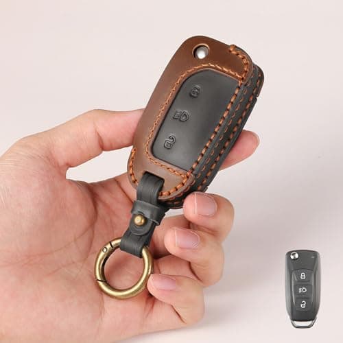 keyzone dual leather key cover for Tata Curvv, Nexon, Harrier, Altroz, Punch, Safari, Tigor, Tiago, Zest, Bolt 3 button flip key (BlackBrown)