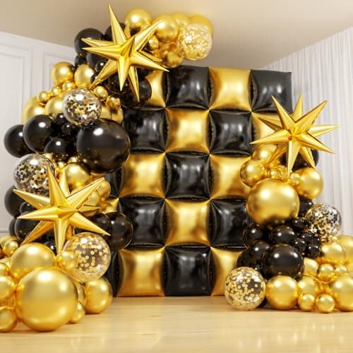 Black and Gold Checkered Square Foil Balloons Backdrop Wall Double Sided Tunnel with Gold Black Balloon Arch Garland Kit for Birthday Graduation New Year Graduation Party Decoration