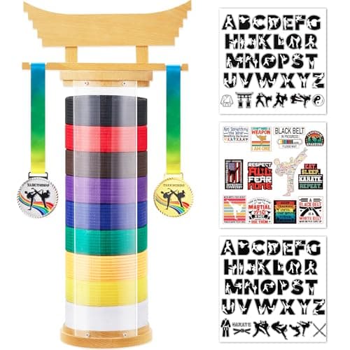 AJSIIPPVS 9 Karate Belt Display Rack,Freestanding Taekwondo Belt Display Holder with Bamboo Medal Hanger and Personalized Sticker,Cylindrical Martial Arts Jiu Jitsu Karate Gifts for Men Boys