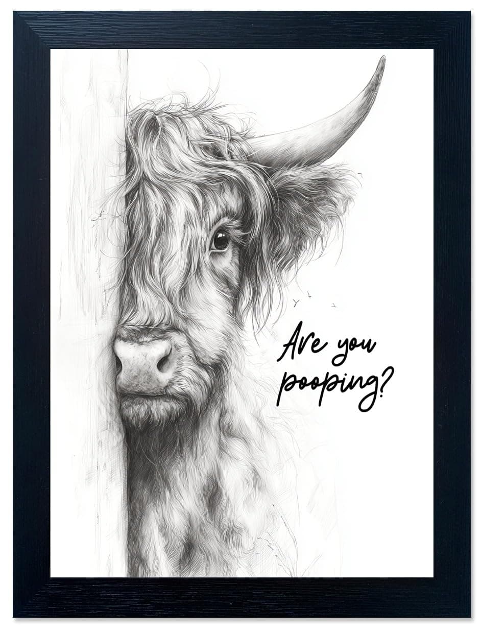 Gongyuanyihao Arts Funny Highland Cow Bathroom Wall Art with Black Frame, Are You Pooping Sign for Farmhouse Restroom Decor, Rustic Humorous Canvas Print Painting Ready to Hang 11"x14"