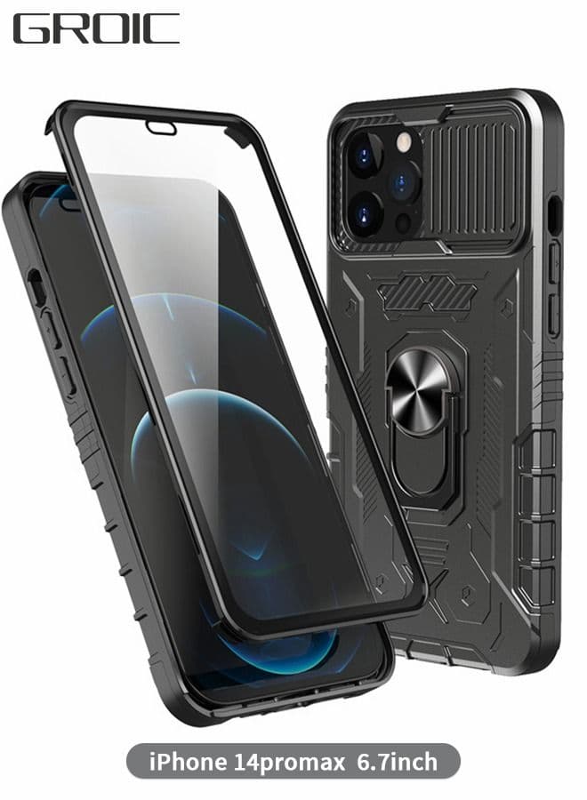 Cover for IPhone 14 Pro Max 6.7 Inch Case 360° Full Body Protection Silicone Bumper with Kickstand and Dual Layer Built-in Tempered Glass Screen Protector Shell