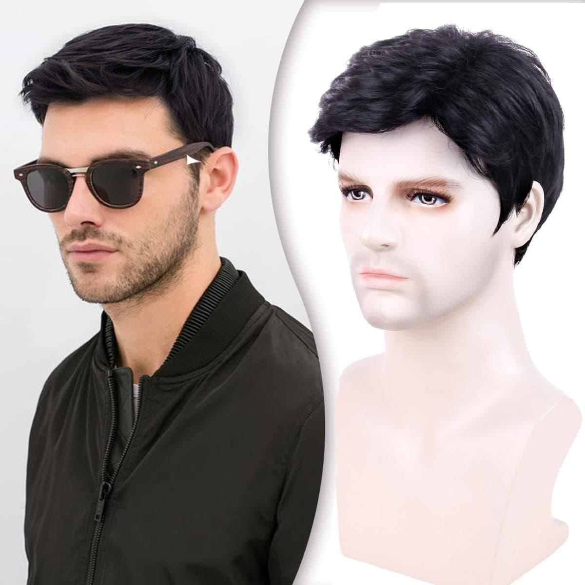 Creamily Mens Wig Short Hair Mens Hair Replacement Wigs Realistic Menss Black Wig for Men Synthetic Hair Full Wig for Male Guy Christmas Daily Wear