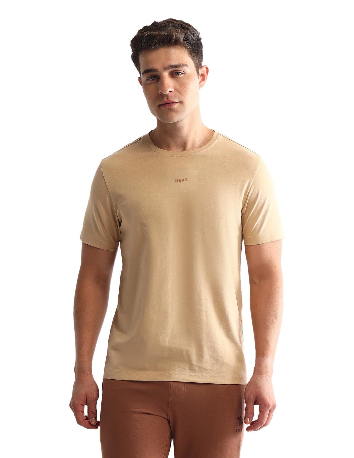 U.S. Polo ASSN. Mens Comfort Fit Round Neck Loungewear T-Shirt (Warm Sand M)