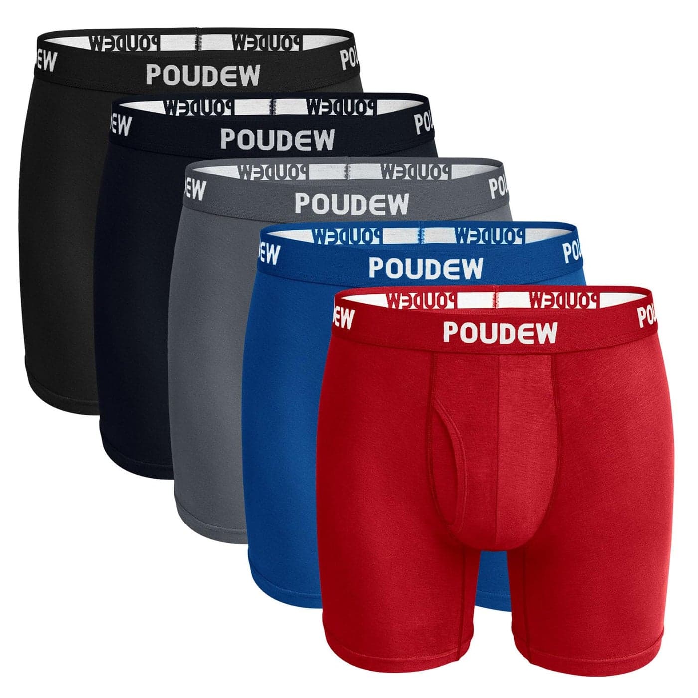POUDEW Mens Breathable Viscose Moisture Wicking No Roll Waistband Tagless Underwear Boxer Briefs Pack of 5 XLarge BlackGreyNavyBlueRed