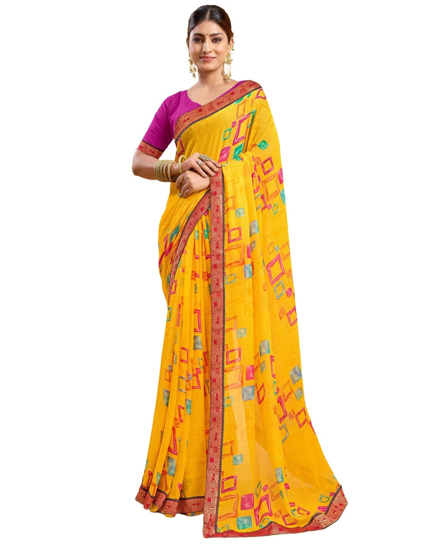 SIRIL Women's Chiffon Printed Saree With Unstitched Blouse Piece (4288S3061_Yellow)