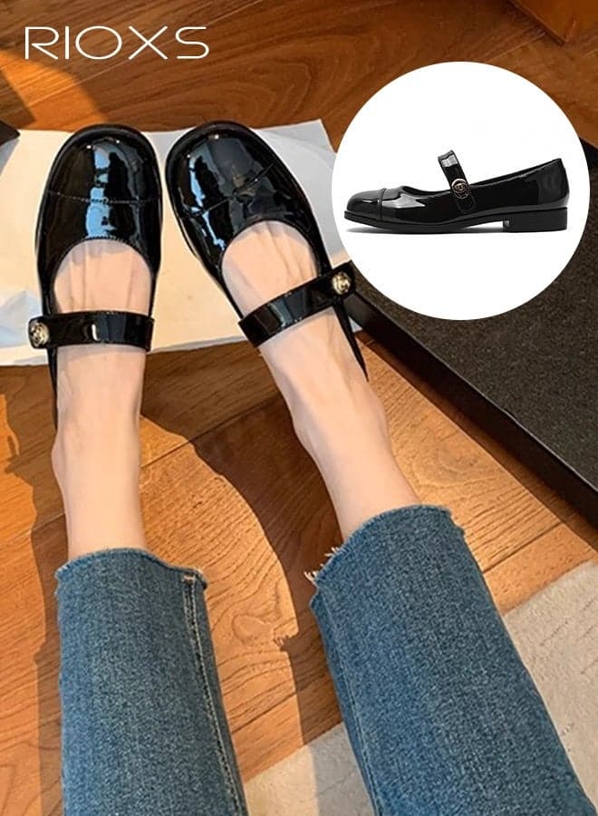 Women's Comfort Shoes, Classic Mary Janes Shoes, Flat Slip-on Loafers for Women, Round Toe Ballet Flats with Strap, 2cm Low Heel Womens Shoes, Lightweight Ladies Work Shoes, Retro Ballet Flats, Womens Patent Leather Shoes, Versatile Comfort Shoes Pair with Pants Skirt Dress, Black Dressy Shoes