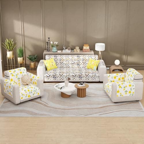 Lukzer 5 Seater Quilted Reversible Terra Bloom Design Sofa Cover Mat with Arms 3+1+1 Seater | Polyester Blend 350 GSM Full Coverage & Back Belt for Stability | Washable Furniture Protector (SC-205-05)