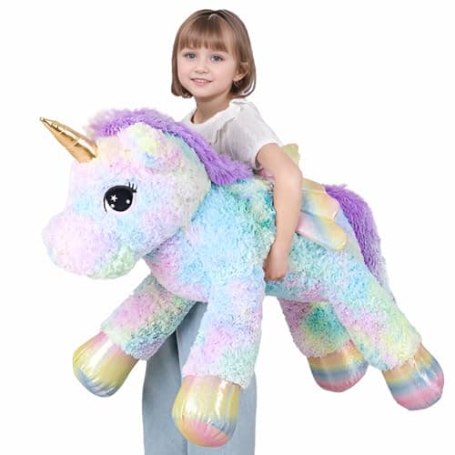 FFxiong 44 Inch Giant Rose Rainbow Unicorn Stuffed Animal Plush Toy with Wings Soft Cute Large Unicorn Plushies Animals Body Pillow Gift for Children Boy Girl Kids Birthday Valentine Room Decorations