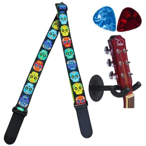 MOCKING BIRD Guitar Belt with guitar wall mount hanger Adjustable Buckle Guitar strap for acoustic Guitar Electric Guitar bass Guitar Hanger with Colourful Plectrum picks (Multiskull Belt +Hanger)