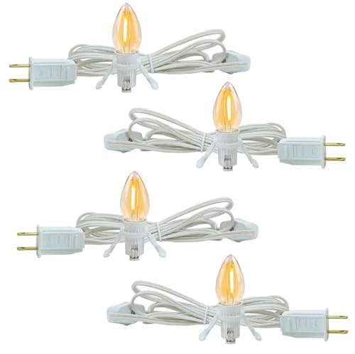 4 Pack Lights Accessory Cord with 4 C7 Led Light Bulb, Clip-in Lamp Cord Replacement, Candelabra-Base E12 Socket White Cord with On/Off Switch Pluggs for Holiday Decorations