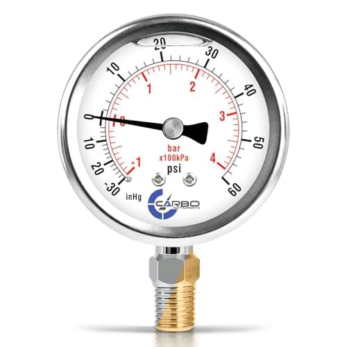 CARBO Instruments Compound Pressure Gauge -30 inHg to 60 PSI, Liquid Filled, 2.5" Dial, 1/4 NPT Lower Mount, 304 Stainless Steel Case, Brass Wetted Parts, PSI/inHg - ASME B40.1 Grade A