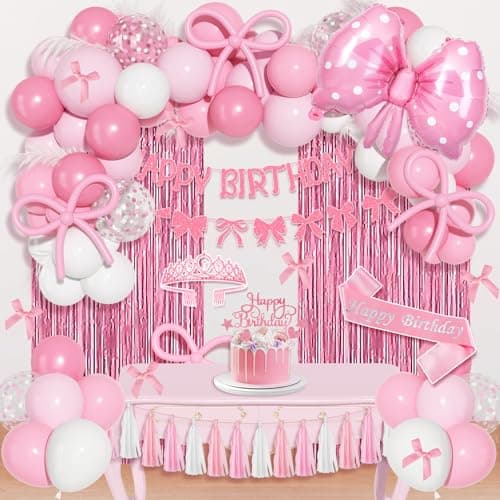 Ouddy Life Pink Bow Birthday Decorations Coquette Themed Party Supplies with Light Pearl Pink White Confetti Long Balloons Happy Birthday Banner Paper Tassel Cake Toppers for Women Girls Baby Shower