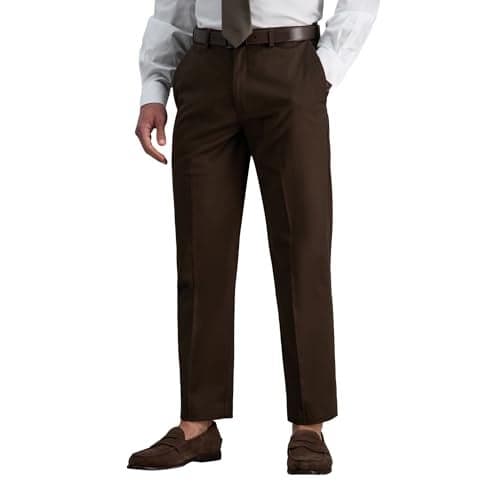 Haggar mens Premium No Iron Khaki Classic Fit Expandable Waist Flat Front Pant, Chocolate, 42x32