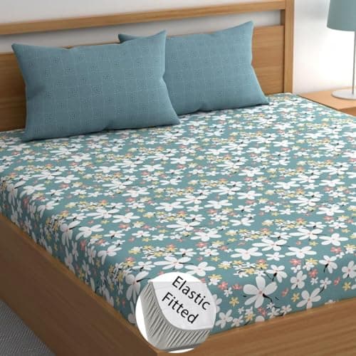 LOOMLYFE 300 TC Cotton Feel Glace Cotton Elastic Fitted Printed Queen Size Double Bed Bedsheet with 2 Pillow Covers Fits Upto 8 inches,Size- 60x78x10 Inches, SkyBlueFlower