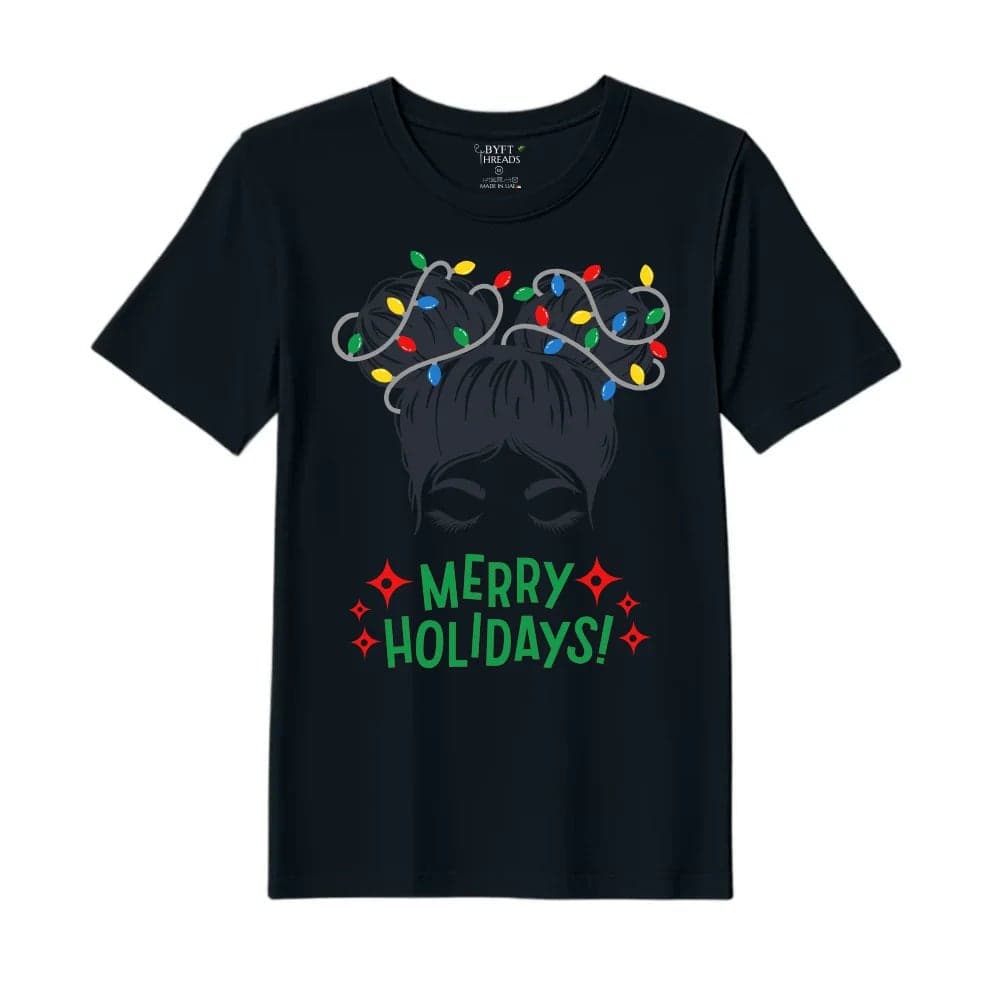 BYFT Threads XL Black Polycotton T-Shirt - Christmas "Merry Holidays" Printed Design, Premium Holiday Collection