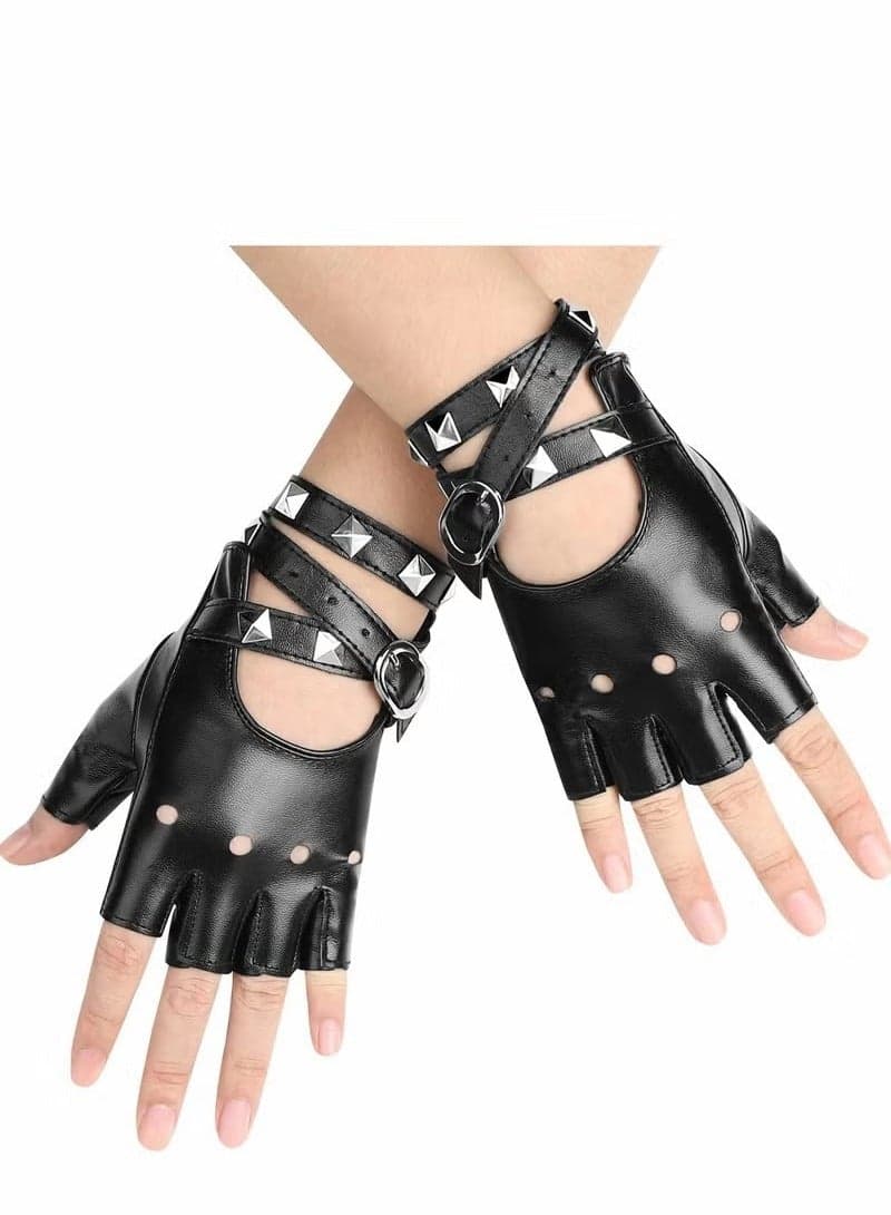 Leather Punk Gloves, Fingerless Gloves for Women, Driving, Cycling, Sports, Cosplay, Performance Half Finger Gloves for Women, Teens, Kids (Black)