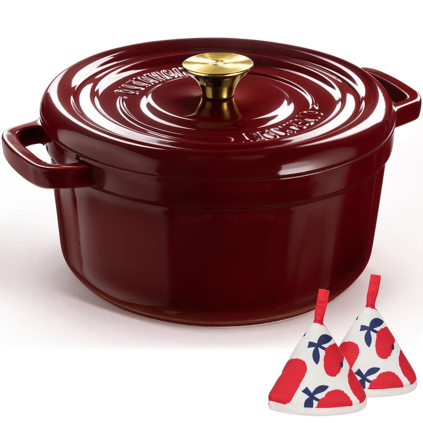 Overmont Enameled Cast Iron Dutch Oven 5QT Pot with Lid Cookbook Cotton Potholders HeavyDuty Cookware for Braising Stews Roasting Bread Baking burgundy