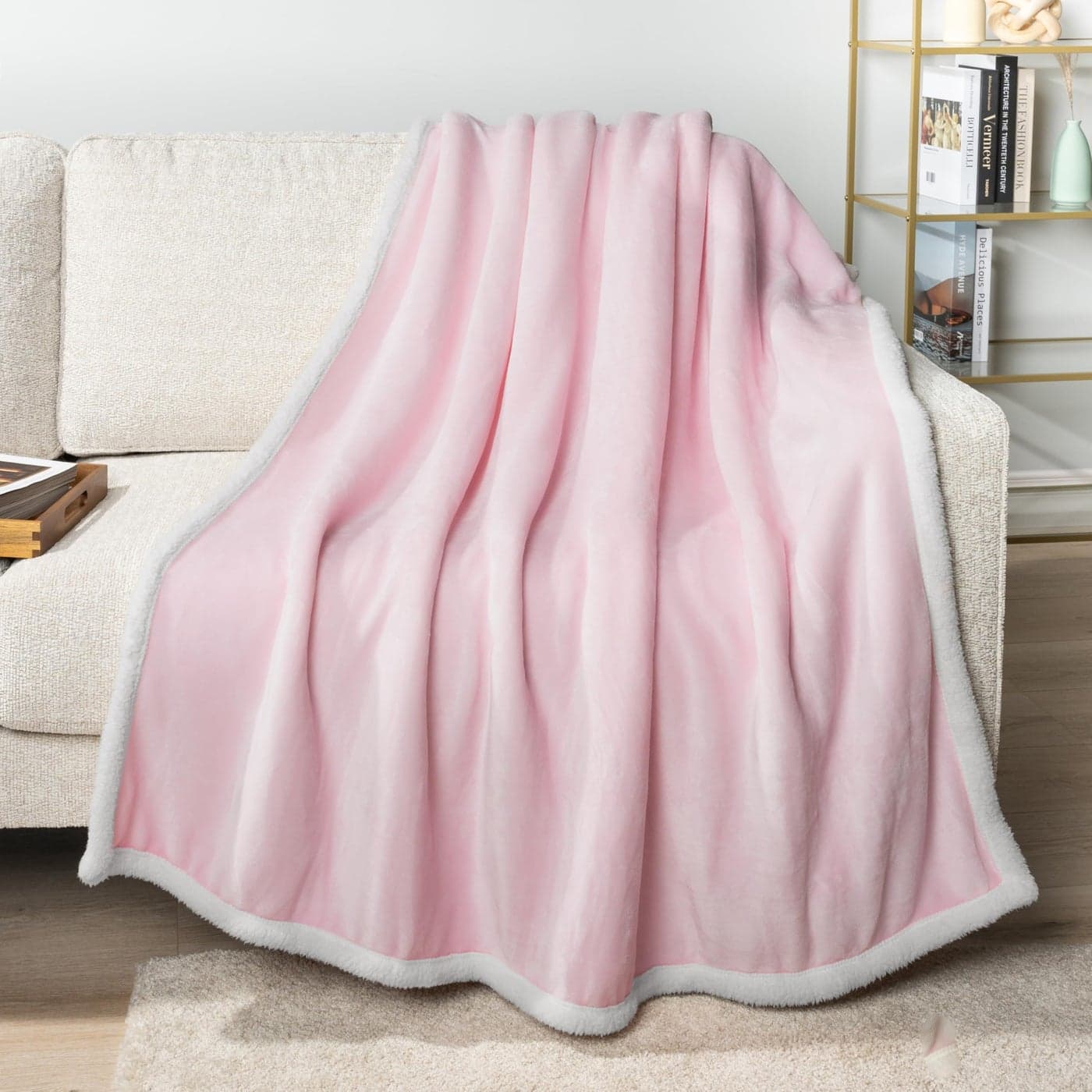 PAVILIA Sherpa Fleece Throw Blanket for Couch Twin Size Light Pink Plush Soft Fuzzy Sofa Blanket Cozy Reversible Winter Throw for Women Men 60x80 Inches
