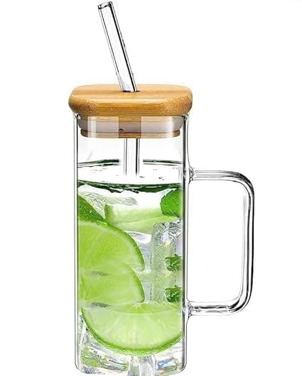 Lecrof Square Glass Cups Drinking Glasses with Bamboo Lids and Straw Pack of 1 350ml Portable Coffee Mugs with Multicolor Handles for Home Office Travel Summer Party Litchi 1