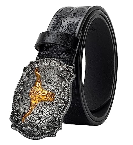 Vikodah Men Women-Western-Cowboy-Leather-Belts - Longhorn Bull Pattern Buckle Belt Floral Engraved Buckle Belt for Jeans