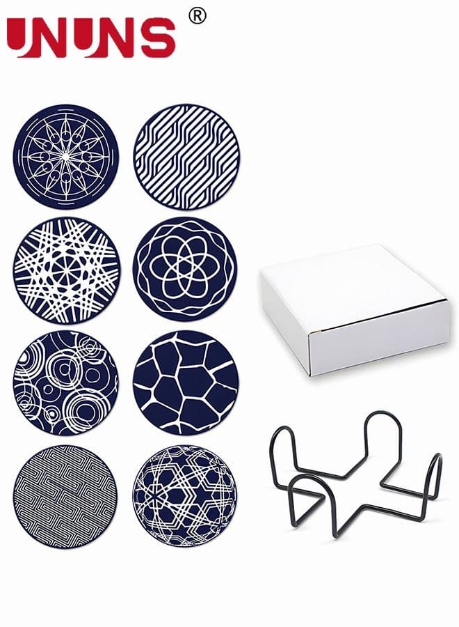 8PCS Coffee Coasters Set for Drinks, 9.8CM Soft Cup Mat with Metal Holder and 8 Classical Geometry Patterns, Drink Coasters Set for Tabletop Protection Home Decor