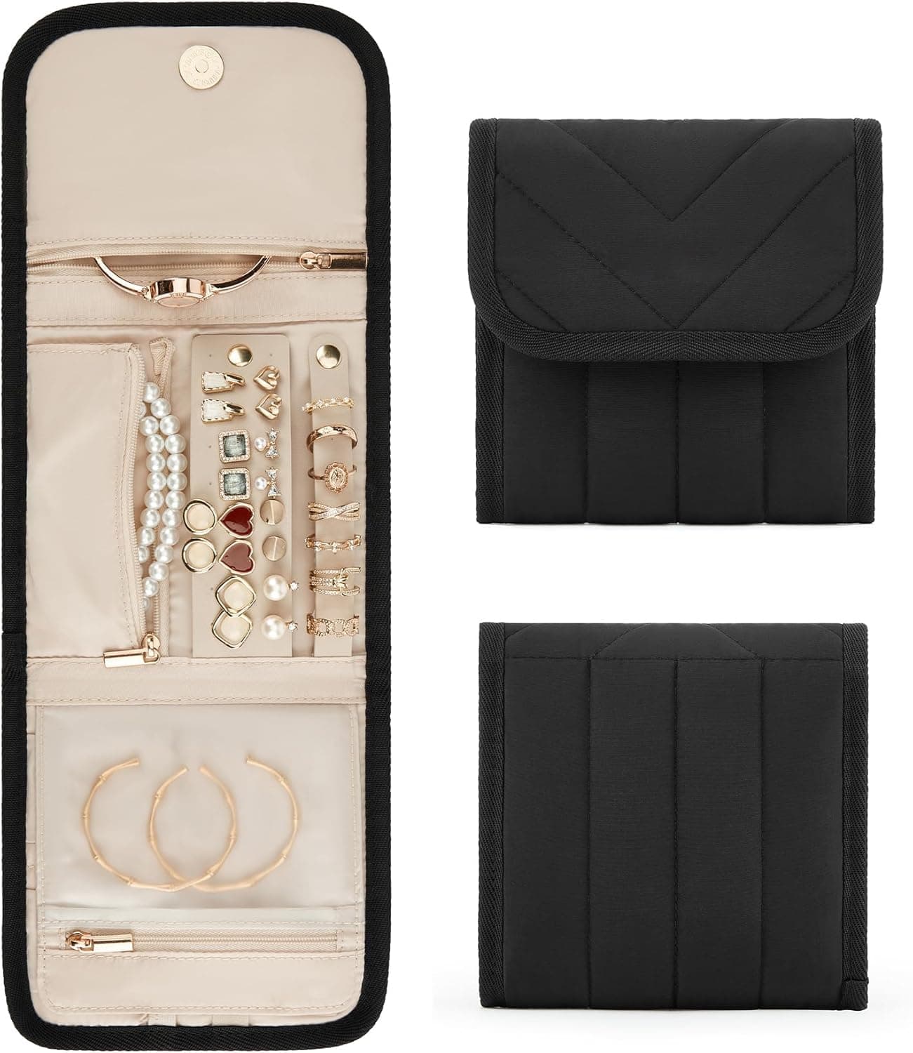 Lyrovo Travel Jewelry Organizer Pouch, Foldable Jewelry Roll for Necklaces, Earrings, Journey-Rings, Bracelets, Brooches, Portable, Black (Black, Small)