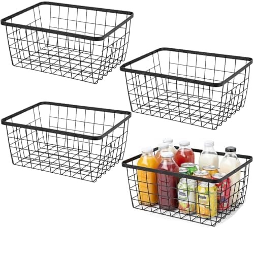 Aeggplant Kitchen Metal Wire Baskets with Handles Food Storage Organizer Household Refrigerator for CabinetsPantryBathroomBlack4 Pack