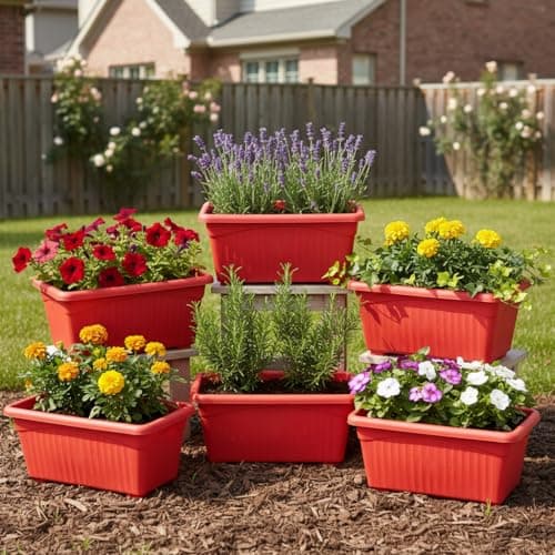 Go Hooked Rectangular Plastic Pots for Plants, Jupiter Flower Pots for Home, Window Display, Garden (Set of 6, Red) (35 x 18.5 x 15 cm)