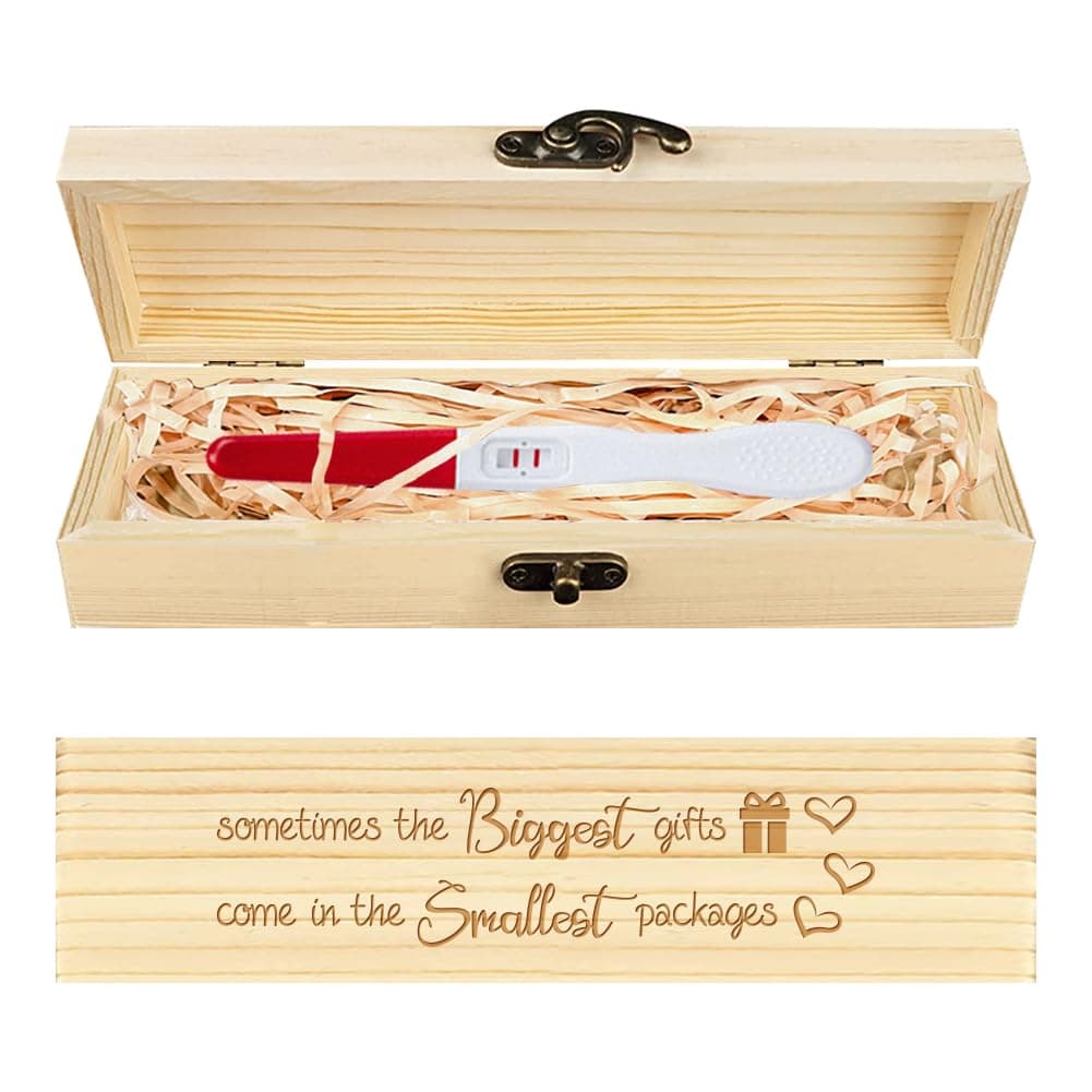 CHGCRAFT Pregnancy Wooden Announcement Gifts Pregnancy Test Keepsake Box Laser Engraving Box Surprise Announcement Gift with Raffia Ribbon to Husband Grandparents Parents 8x2x12inch