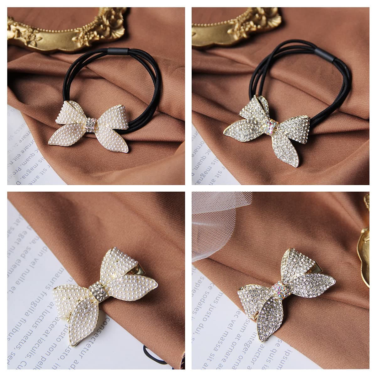 Hair Accessories Set Pearl Rhinestone Bowknot Hair Ties and Duckbill Hair Clips for Women and Girls