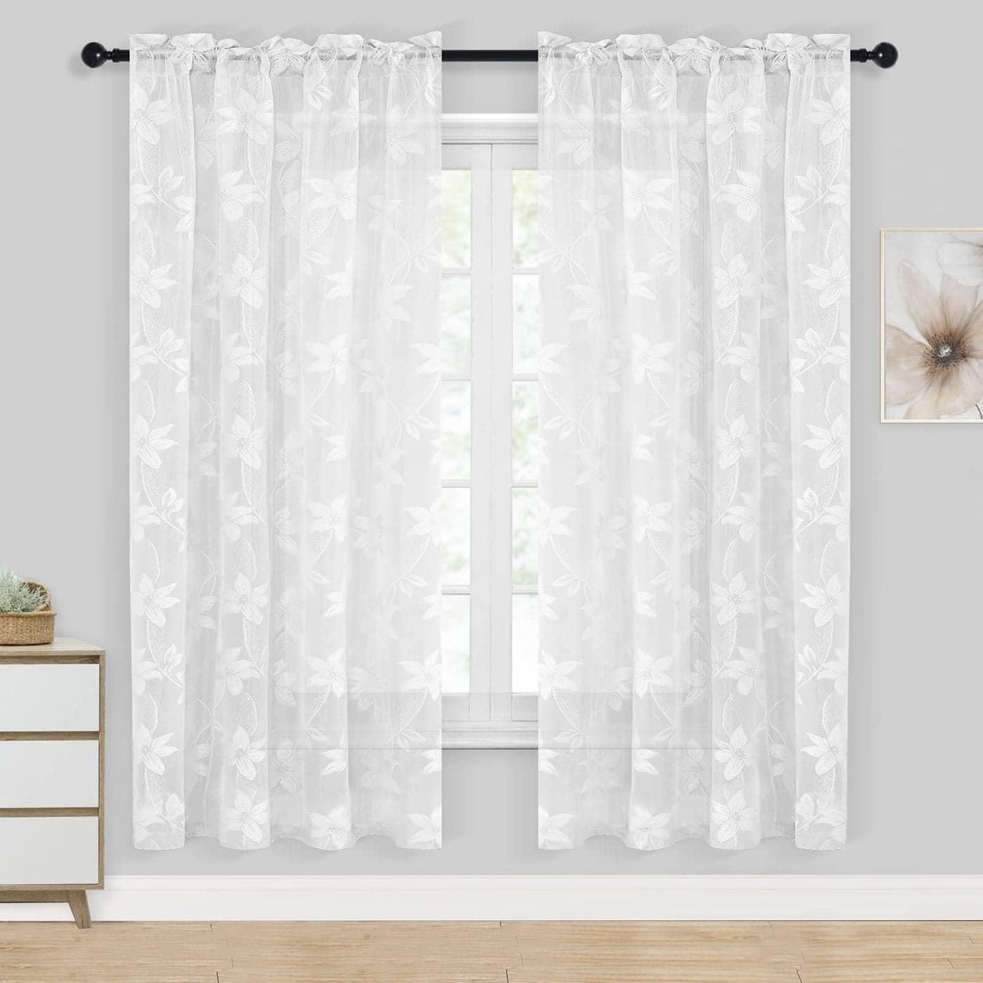 DWCN White Sheer Curtains Floral Lace Curtains 63 inch Length Rod Pocket Window Voile Sheer Drapes for Bedroom Kitchen Short Curtains Set of 2 White 42 x 63 inches