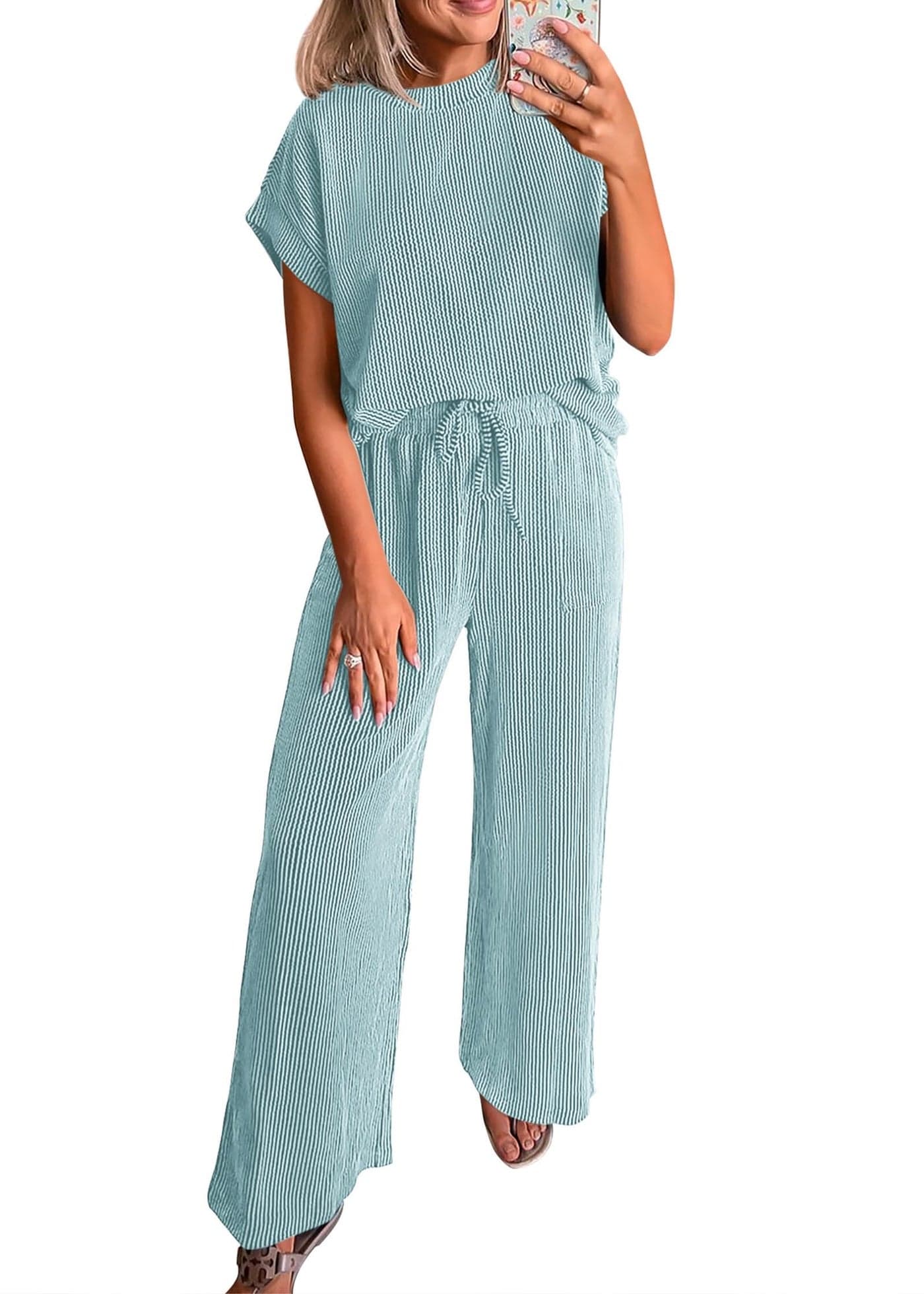 KIRUNDO 2 Piece Sets for Women Dressy Casual Ribbed Knit Short Sleeve Tops Wide Leg Pants Lounge Set Travel Airport Outfits(Aqua Blue, Large)