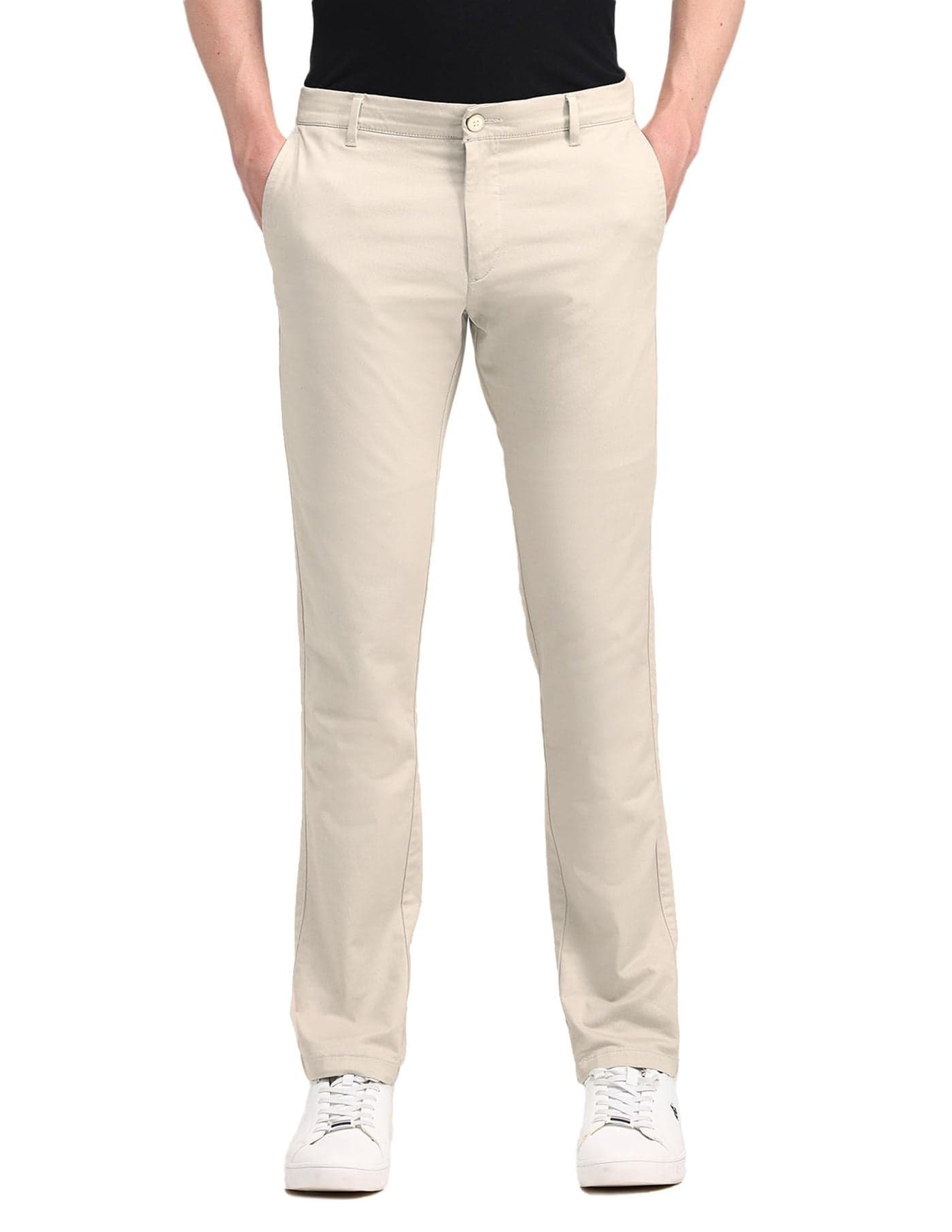 U.S. Polo ASSN. Men's Beige Solid Mid Rise Cotton Button Slim Fit Trousers (USTRO1581D_Beige_32)