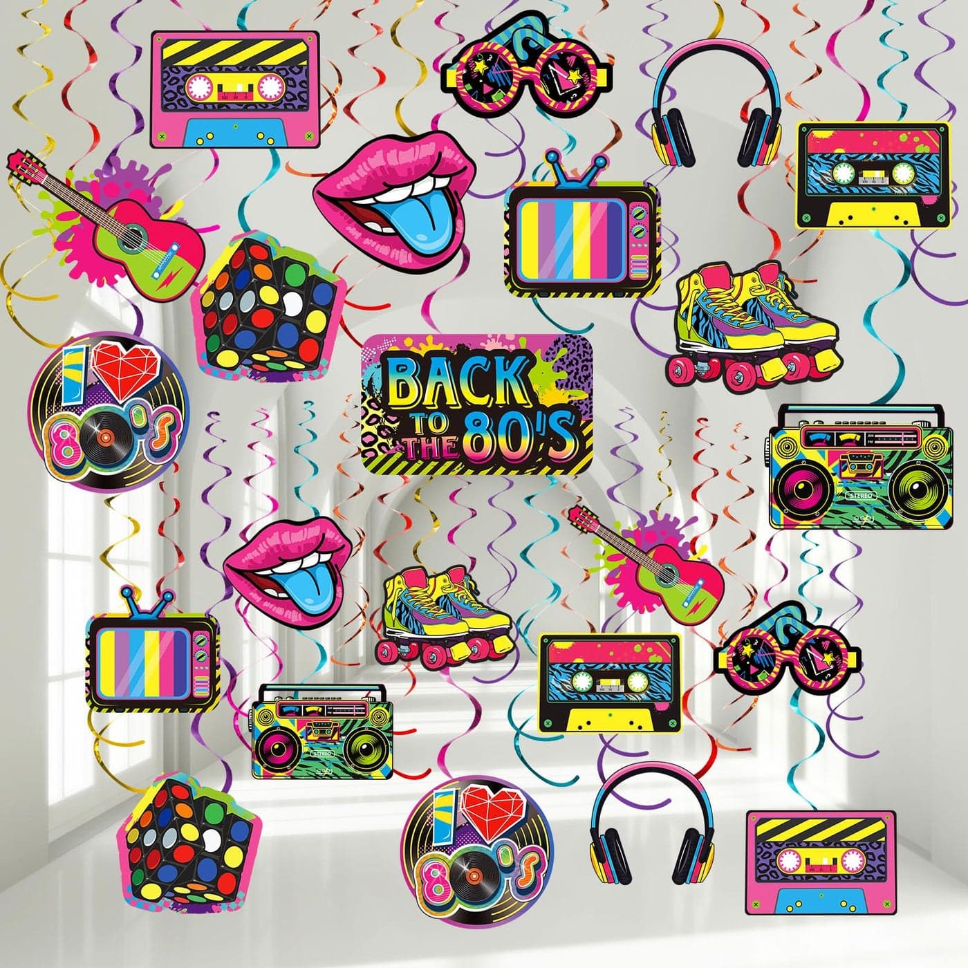 53 Pieces 80s Party Decorations, Retro 1980s Hip Hop Party Hanging Swirls Ceiling Decor for Adults Back to The 80s Party 1980s Throwback Birthday Party Neon Party Rock Hippie Party Supplies