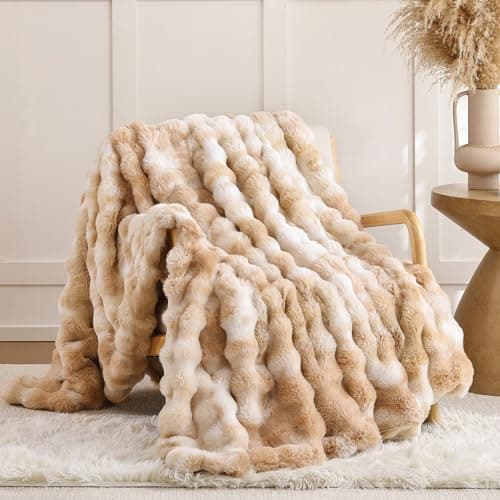 Smoofy Faux Fur Throw Blanket for Couch - Tie-dye Camel Soft Cozy Bubble Blanket, Beige Fluffy Plush Fuzzy Throw for Sofa & Bed, Thick Lightweight Warm Blanket, Luxury Aesthetic Gift for Women 50x60