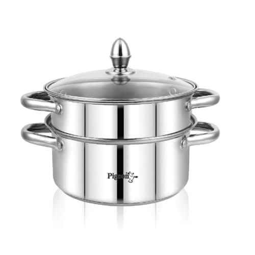Pigeon Elantra Stainless Steel 2 Tier Steamer Pot Set with Glass Lid | Pasta Steamer Momo/Modak Maker | Vegetable Steamer | Rice Steamer (24cm) | Capsulated Induction Bottom|ISI Certified