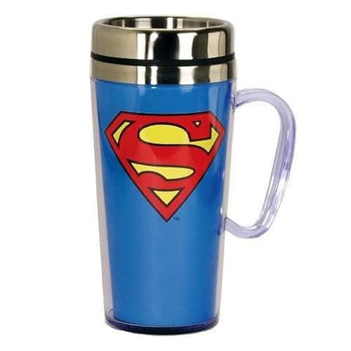 Spoontiques - Insulated Travel Mug - Superman Logo Coffee Cup - Coffee Lovers Gift - Funny Coffee Mug - 15 oz - Blue