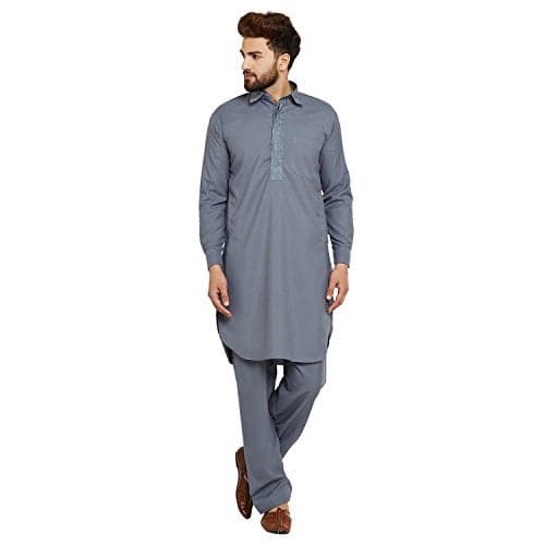 SOJANYA (Since 1958 Men's Grey Cotton Blend Pathani Kurta & Salwar Set Size L