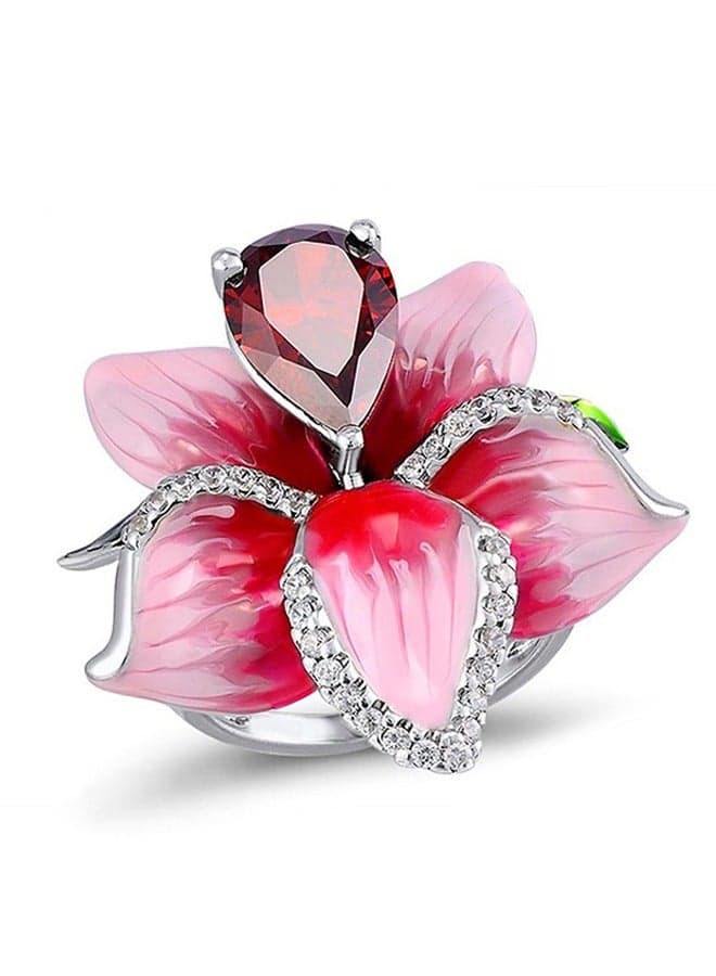 Rose Diamonds Ring, Anti Fading Titanium Silver Plated Ruby Ring, Luxury Ring for Women (Pink)