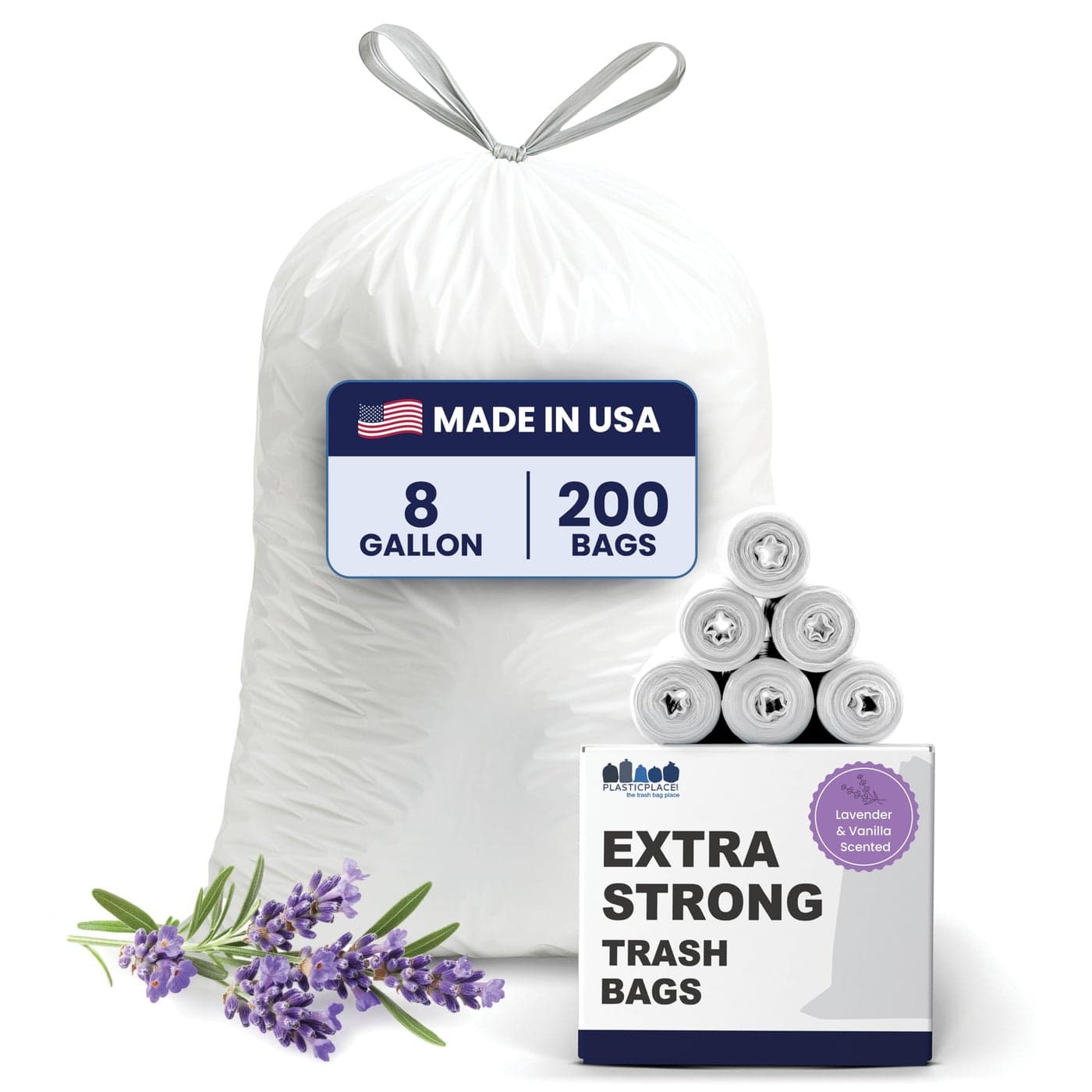 Plasticplace 8 Gallon Trash Bags 07 Mil Lavender and Soft Vanilla Scented Garbage Can Liners 22 x 22 200 Count White