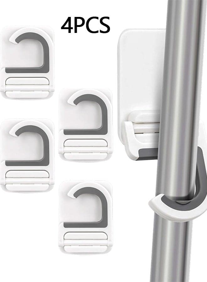 4 Pcs White Self-Adhesive Wall Mounted Broom and Mop Holder, Anti-Slip Gripper Cleaning Organizer, Multi-Purpose Mop Handle Hanger Hook for Kitchen, Bathroom, Garden & Garage Storage