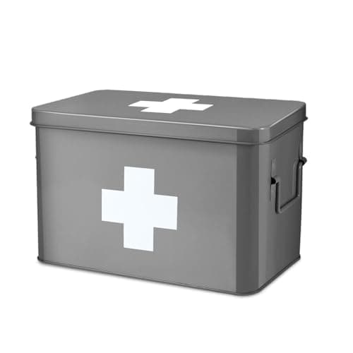 Flexzion Vintage First Aid Kit - 13" Gray Metal Box with Dividers, Removable Tray and White Cross Logo