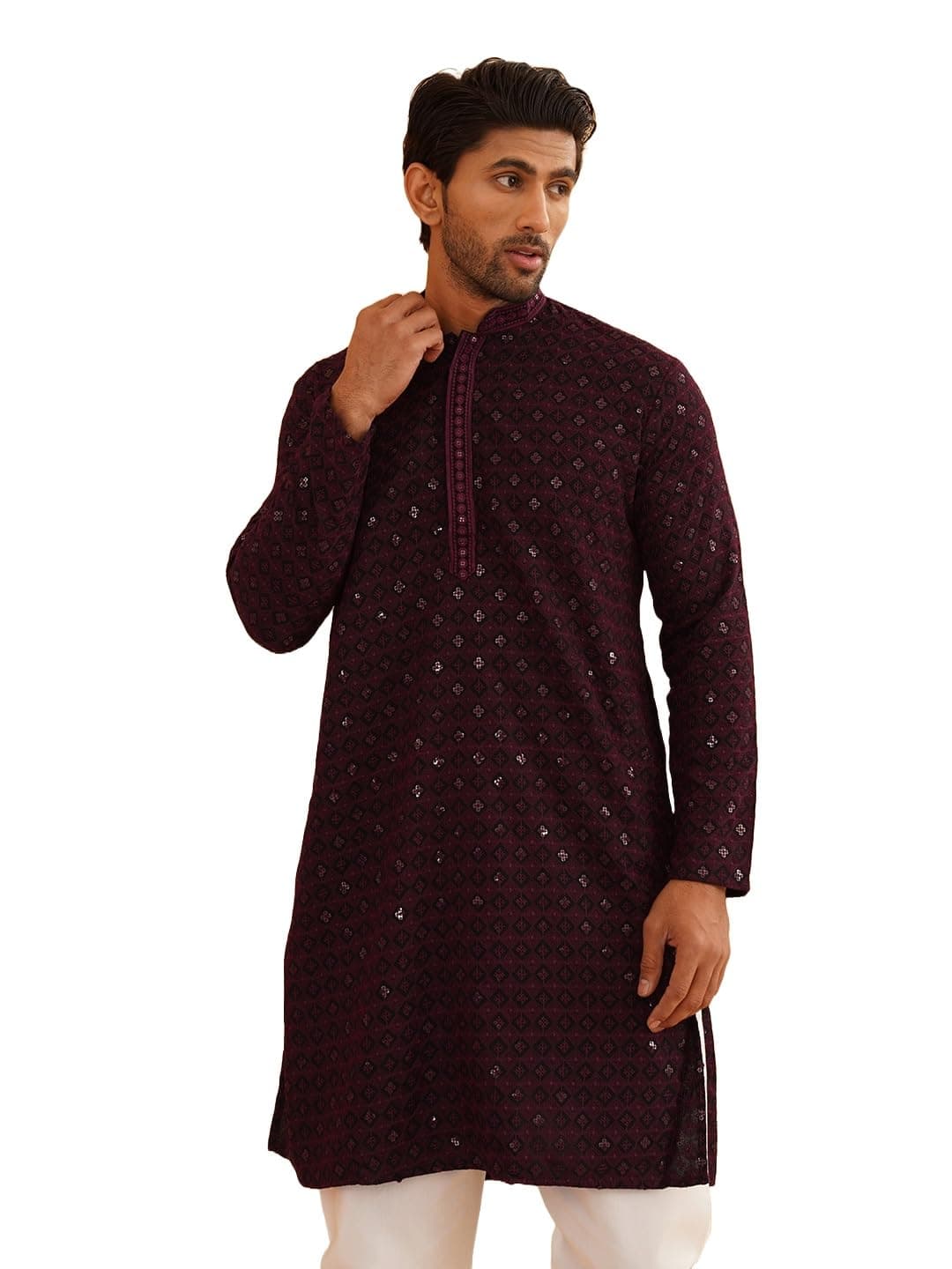 SOJANYA (Since 1958 Men's Cotton Contrast Embroidered Sequinned Purple Long Kurta Size 40