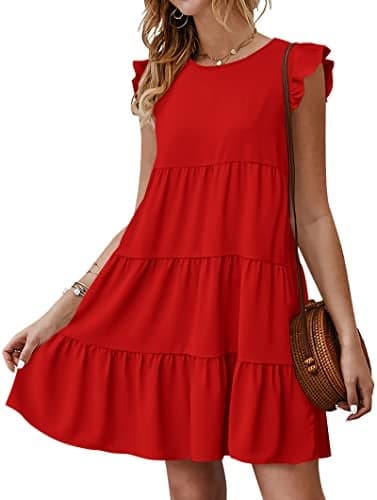 KIRUNDO Valentines Dress for Women Summer Sleeveless Ruffle Sleeve Round Neck Loose Short Flowy Pleated Mini Babydoll Sundresses (Red, X-Large)